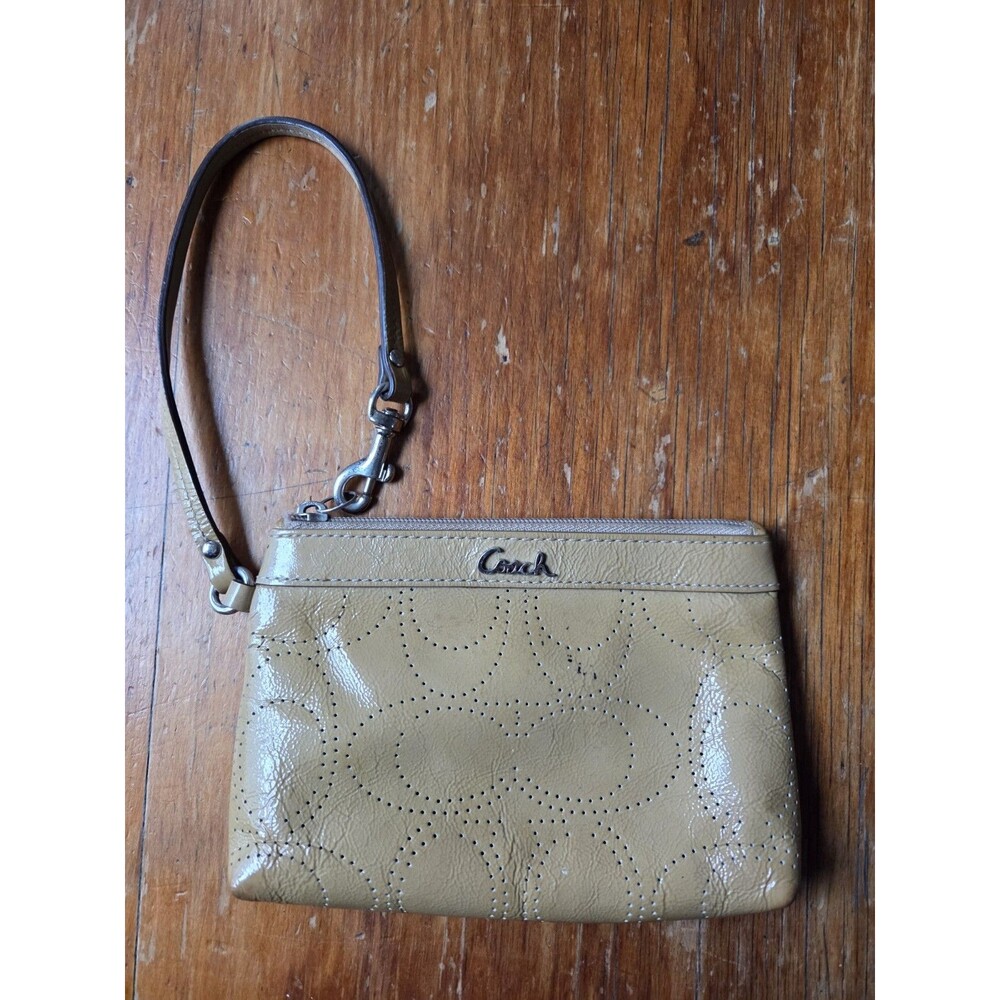 Coach Signature Beige Patent Leather Perforated C's Wristlet Clutch Wallet